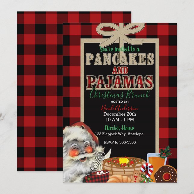 Invitation Pancakes et pyjamas de vacances Red Buffalo Plaid (Devant / Derrière)