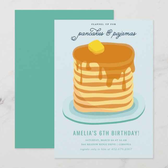 Invitation Pancakes et pyjamas fête d'anniversaire (Devant / Derrière)