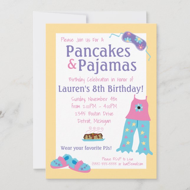 Invitation Pancakes et pyjamas fête d'anniversaire (Devant)