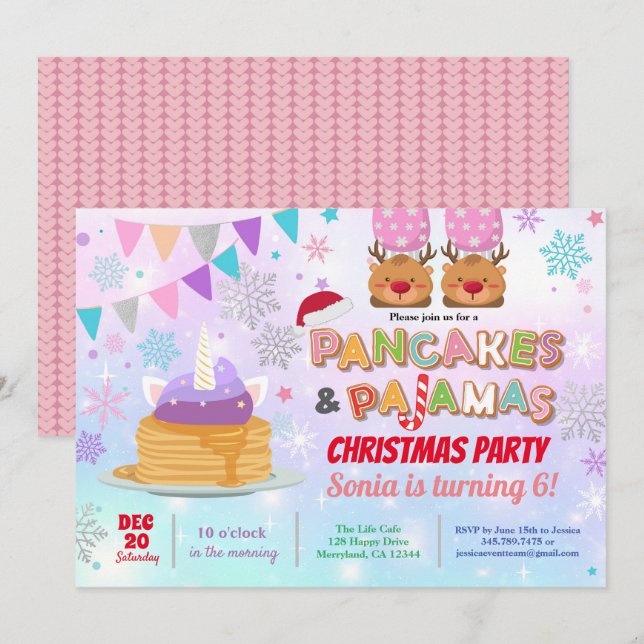 Invitation Pancakes et pyjamas Noël anniversaire licorne (Devant / Derrière)
