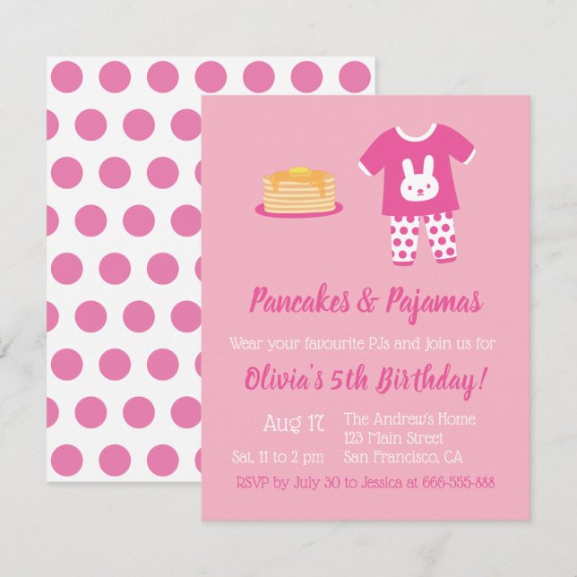 Invitation Pancakes et pyjamas Pois fête d'anniversaire (Devant / Derrière)
