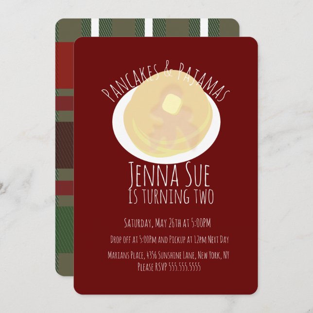 Invitation Pancakes et Pyjamas Soirée Pyjama Filles | Carreau (Devant / Derrière)