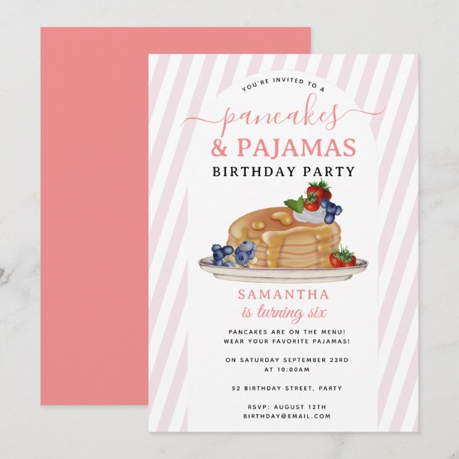 Invitation Pancakes Pajamas PJ's Girl Kids Birthday Party (Devant / Derrière)