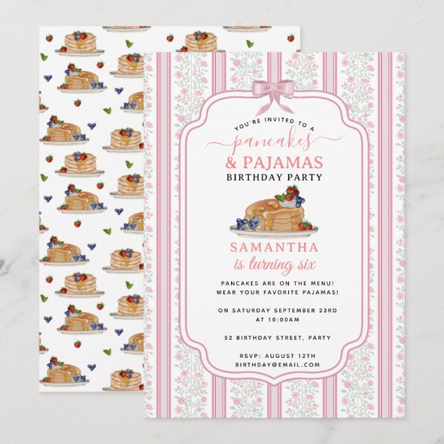 Invitation Pancakes Pajamas PJ's Girl Kids Birthday Party (Devant / Derrière)