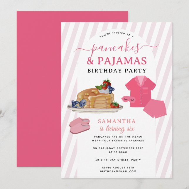 Invitation Pancakes Pajamas PJ's Girl Kids Birthday Party (Devant / Derrière)