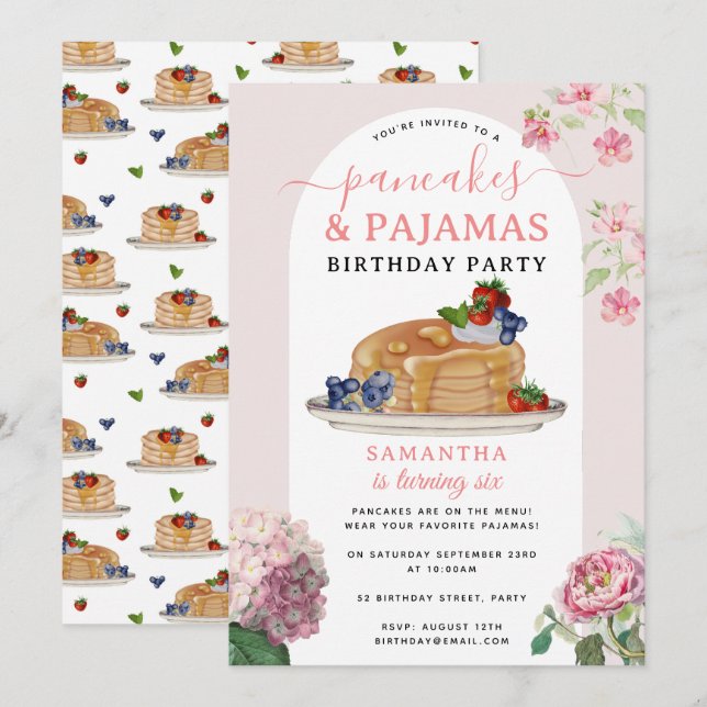 Invitation Pancakes Pajamas PJ's Girl Kids Birthday Party (Devant / Derrière)