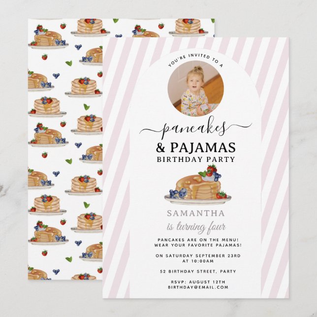 Invitation Pancakes Pajamas PJ's Girl Kids Birthday Photo (Devant / Derrière)