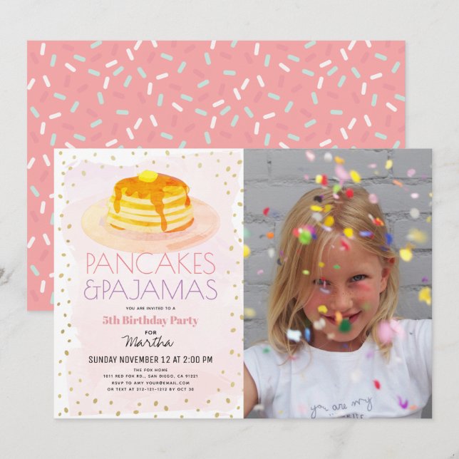 Invitation Pancakes & Pyjamas Pink Gold Girl Photo Anniversai (Devant / Derrière)