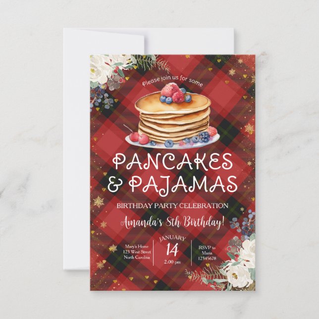 Invitation Pancakes & Pyjamas Rouge Plaid Noël Anniversaire (Devant)