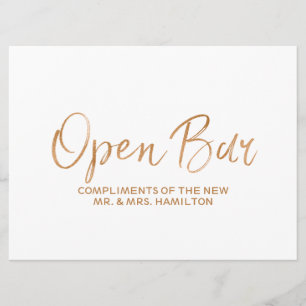 Invitation Pancarte de mariage "Open Bar Sign" Rose dorée é