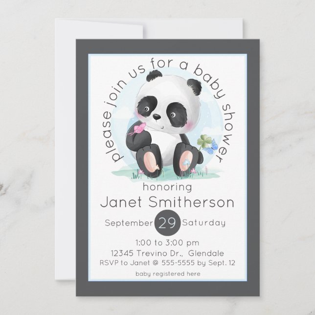 Invitation Panda aquarelle avec Baby shower de papillons (Devant)