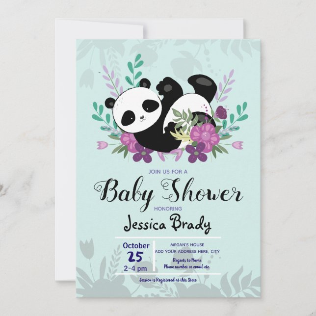 Invitation Panda avec Baby shower de fleurs violettes (Devant)