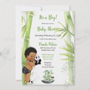 Invitation Panda Bamboo Thème Baby Boy Black White Green
