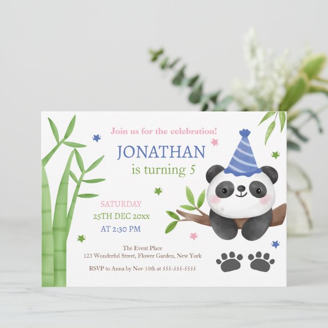 Invitation Panda Bear Green Bamboo Kids Birthday  (Debout devant)