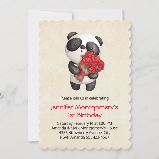 Invitation Panda Bear tenant le Bouquet d'Anniversaire Rose (Devant)