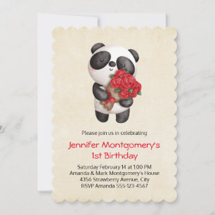 Invitation Panda Bear tenant le Bouquet d'Anniversaire Rose