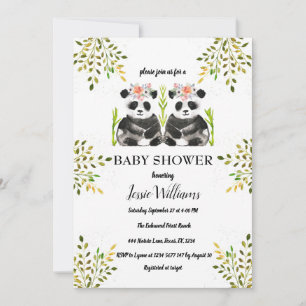 Invitation Panda Bear Twins Girl Baby shower Verdure Nature