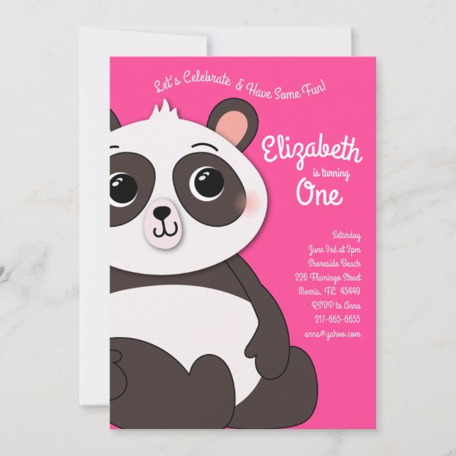 Invitation Panda Bears Cute Kids 1er Anniversaire Fête Rose (Devant)