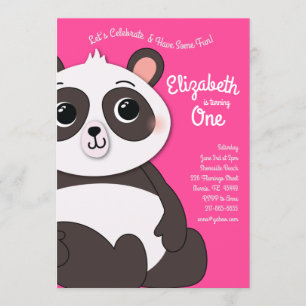 Invitation Panda Bears Cute Kids 1er Anniversaire Fête Rose