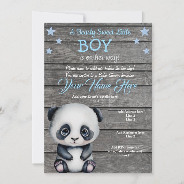 Invitation Panda Boy Baby shower Invitation, garçon bleu rust (Devant)