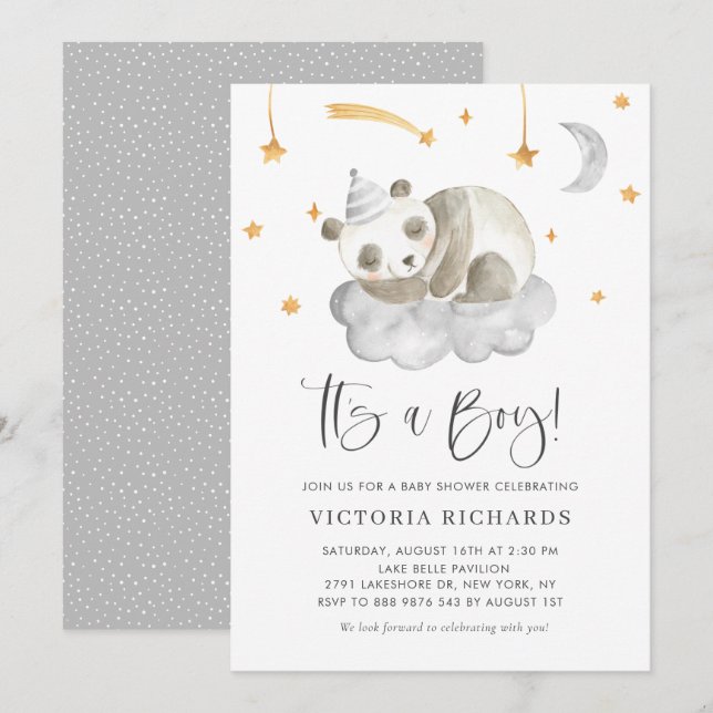 Invitation Panda couché mignon gris C'est un Baby shower garç (Devant / Derrière)