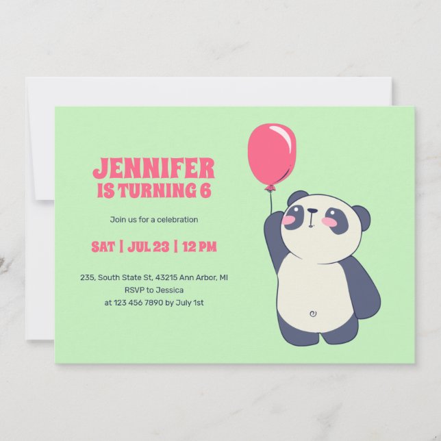 Invitation Panda Cute Avec Anniversaire de enfant De Cartoon  (Devant)