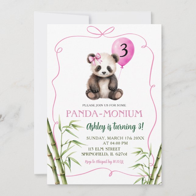 Invitation Panda de fille rose dessinée à la main avec son ar (Devant)