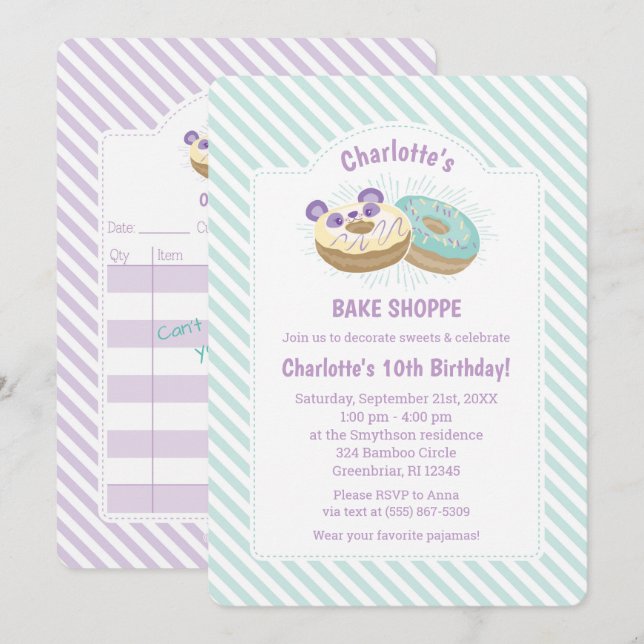 Invitation Panda Donut violet et boulangerie verte Anniversai (Devant / Derrière)
