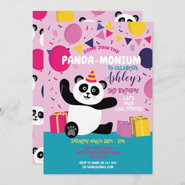 Invitation Panda fête Anniversaire Panda-monium Pink Invitati (Devant / Derrière)