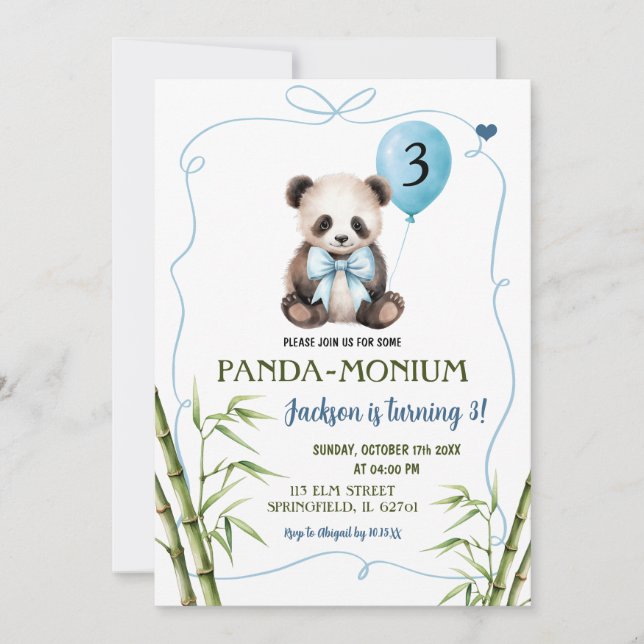 Invitation Panda garçon avec Bleu Bow dessiné Anniversaire (Devant)