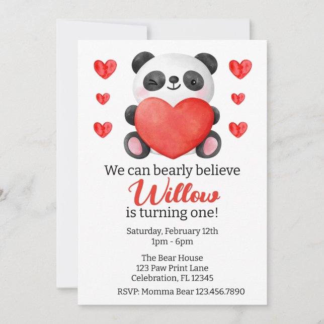 Invitation Panda Girl with Heart Valentine Premier anniversai (Devant)