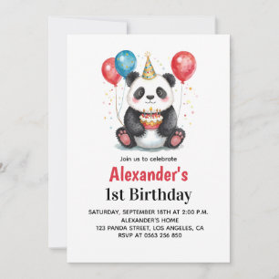 Invitation Panda mignonne avec ballons et gâteau 1er annivers