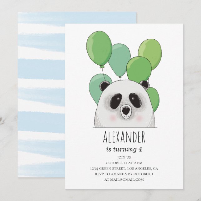 Invitation Panda mignonne. Fête d'anniversaire de garçon bleu (Devant / Derrière)