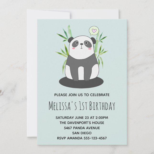 Invitation Panda noir et blanc mignon en Bambou Anniversaire (Devant)