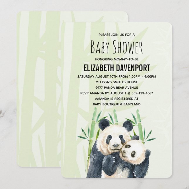 Invitation Panda Pair mignonne en Baby shower d'aquarelle Bam (Devant / Derrière)