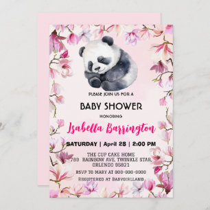 Invitation Panda rose mignonne bébé fleurs baby shower enfant