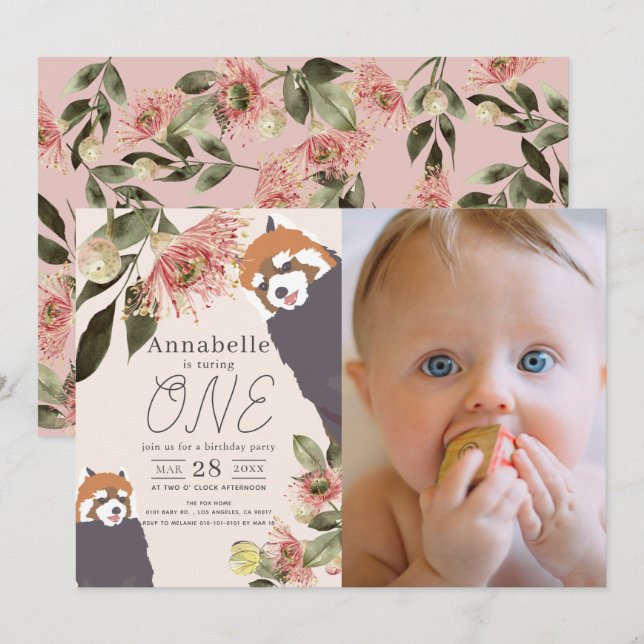 Invitation Panda Rouge rose Fille Florale 1er Anniversaire Ph (Devant / Derrière)