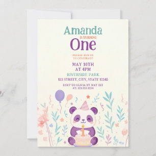 Invitation Panda violet avec jardin fleuri Scène 1er annivers