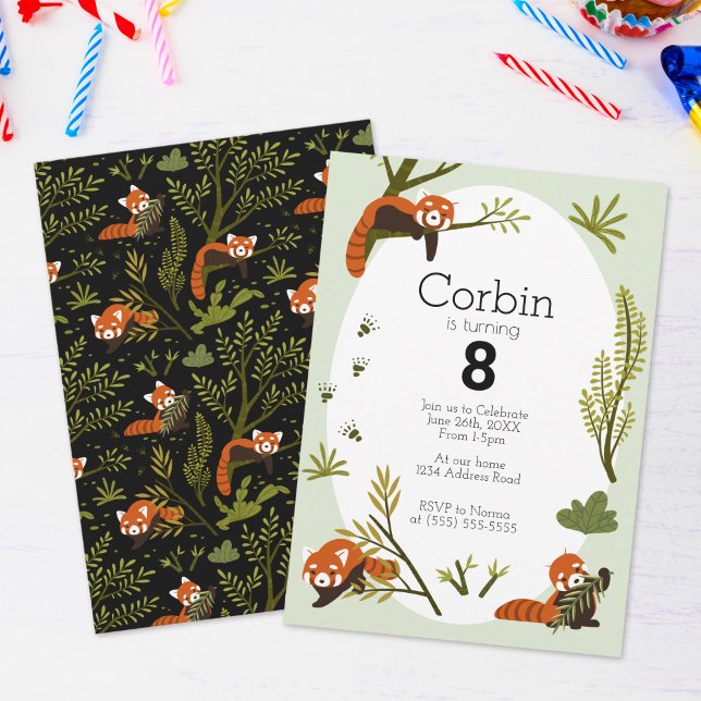 Invitation Pandas rouges dans la forêt Anniversaire noir (Créateur téléchargé)