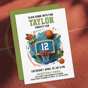 Invitation Panier de Basketball Amusant Vert Bleu Fête d'anni