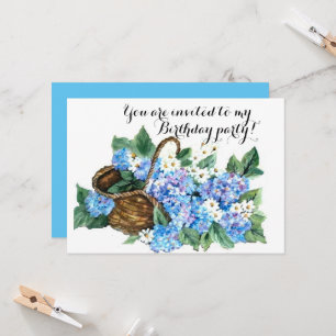 Invitation Panier de fête d'anniversaire avec hydrangées bleu