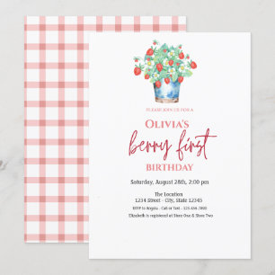 Invitation Panier de fraises à l'aquarelle Plaid 1er annivers