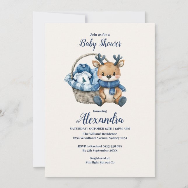 Invitation Panier de rennes bleus Baby shower (Devant)
