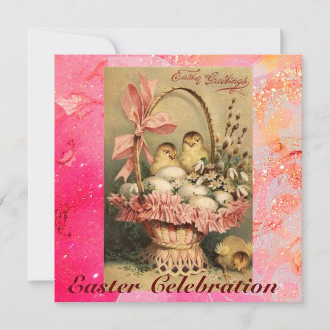INVITATION PANIER ÉLÉGANT, POULET, FLEURS ET OEUFS DE PÂQUES (Devant)
