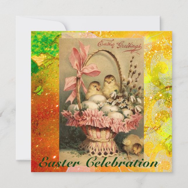 INVITATION PANIER ÉLÉGANT, POULET, FLEURS ET OEUFS DE PÂQUES (Devant)