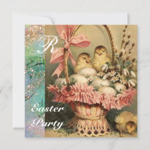 INVITATION PANIER ÉLÉGANT, POULET, FLEURS ET OEUFS DE PÂQUES