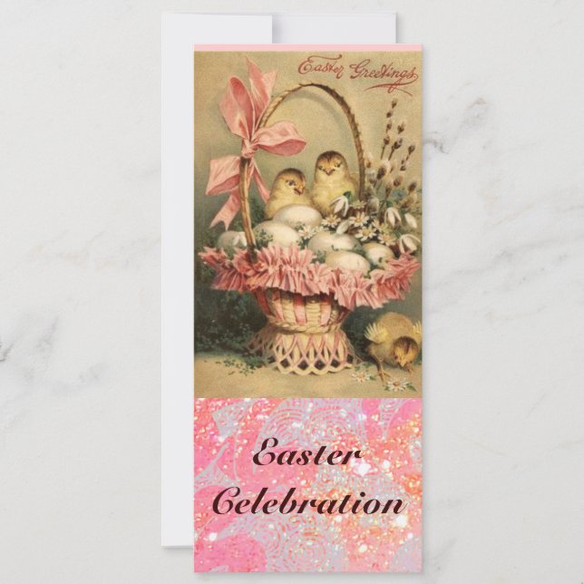 INVITATION PANIER ÉLÉGANT, POULET, FLEURS ET OEUFS DE PÂQUES (Devant)