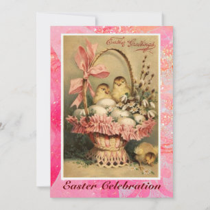 INVITATION PANIER ÉLÉGANT, POULET, FLEURS ET OEUFS DE PÂQUES