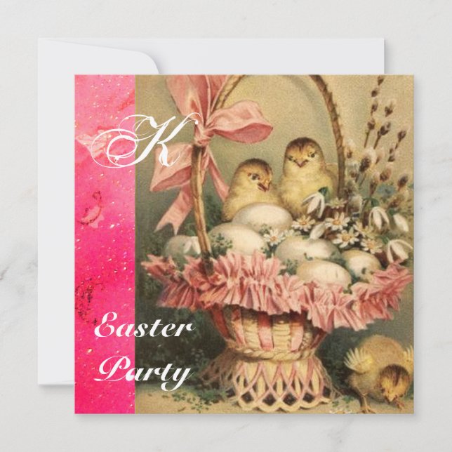 INVITATION PANIER ÉLÉGANT, POULET, FLEURS ET OEUFS DE PÂQUES (Devant)