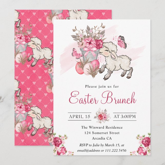 Invitation Panier floral rose et agneau mignon Brunch de Pâqu (Devant / Derrière)